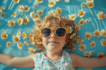 Happy child with sunglasses lying among daisies. Generative AI image