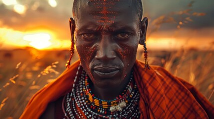 Maasai warrior portrait in kenyan savannah at magic hour with traditional attire and intense gaze - obrazy, fototapety, plakaty