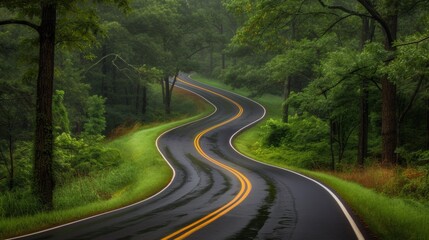 A curved road in the middle of a forest with trees, AI - obrazy, fototapety, plakaty
