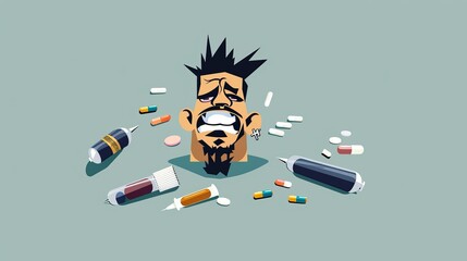 A cartoon illustration of a drug dealing man, with exaggerated facial features and symbolic attributes of drug addiction, on a simple minimalist background. --no text, titles --ar 16:9 --quality 0.5 -
