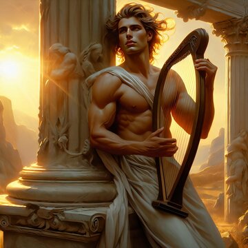 Apollo the Olympian god playing lyre. God of archery, music and dance, truth and prophecy, healing and diseases, Sun and light, poetry. Classical Greek Roman religion mythology. Lyra. Generative AI