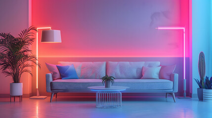 Living room with couch, table, lamp, and neon lights - obrazy, fototapety, plakaty