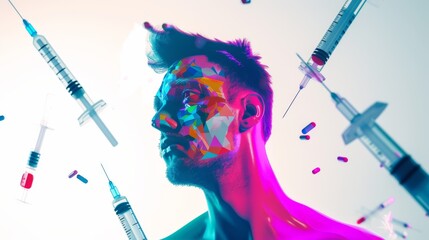 An image of a man immersed in the world of drugs, with bright and distorted facial and body features, highlighting the dangerous consequences of drug addiction, against a minimalist background with - obrazy, fototapety, plakaty