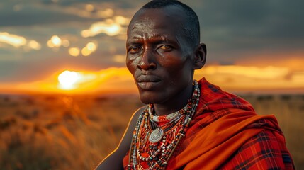 Maasai warrior portrait in kenyan savannah with traditional attire and intense gaze - obrazy, fototapety, plakaty