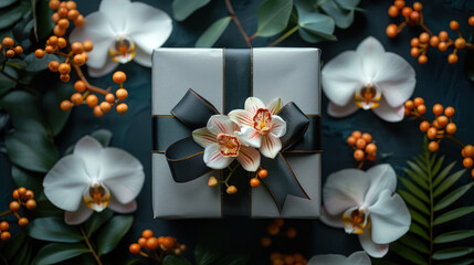 gift box wrapped in silver paper with black ribbon and orchid embellishment among flowers and berries