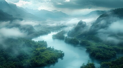   An aerial shot of a river encircled by verdant foliage and a distant mountain range, with wispy clouds scattered across the azure sky