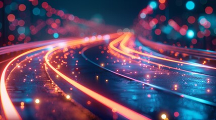 A blurry image of a street with lights on it, AI - obrazy, fototapety, plakaty