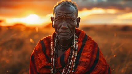 Maasai warrior portrait in kenyan savannah with traditional attire and intense gaze