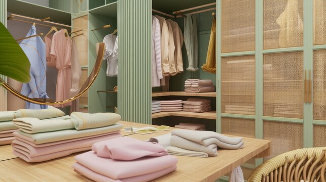 An image of a 2010s-style dressing room with natural materials, eco-friendly finishes and neatly folded clothes in organic fabrics and pastel shades, reflecting a return to nature and sustainable