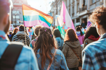 Back view of people with LGBTQ and Trans flags protest on the street, LGBTQ concept - obrazy, fototapety, plakaty