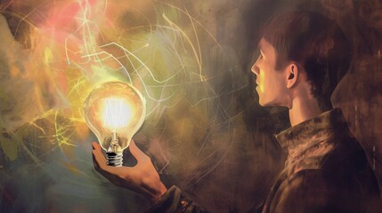 A painting of a man holding a modern, efficient light bulb emitting a soft and bright light --no text, titles --ar 16:9 --quality 0.5 --stylize 0 Job ID: 0a91ab2b-60c5-41f4-b6b6-a0c4099c319a
