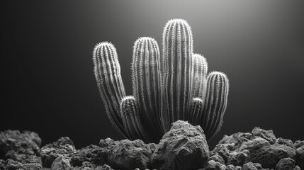   A monochrome image of a cactus amidst rocky landscape under a full moon - obrazy, fototapety, plakaty