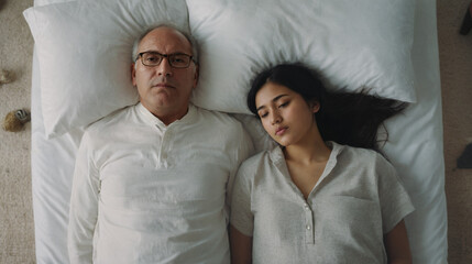 old man and younger wife or girlfriend sleeping in bed, top view