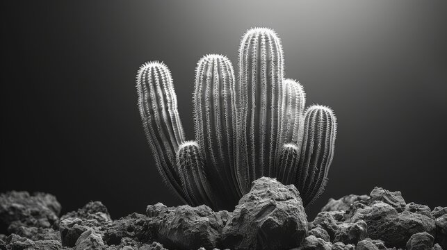   A monochrome image of a cactus amidst rocky landscape under a full moon