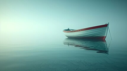 Naklejka premium A small boat floats on a body of water during a foggy day, with a person standing at its front