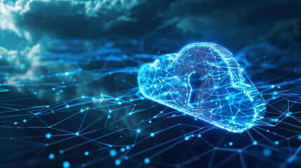 Illustration of cyber security lock on blue digital network lines - cloud computing concept