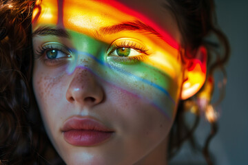 Young woman with LGBTQ flag shadow reflected on her face, close-up shot