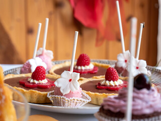 Delicious tartelettes and cake pops are offered as a buffet at a party