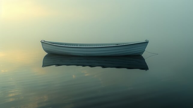   A small white boat floats on a tranquil lake beside another vessel adrift on a body of water
