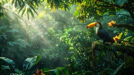 Vivid amazon rainforest  toucan in photorealistic canopy with dappled sunlight and vibrant foliage