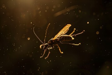 A wasp is caught in perfect detail flying against a dark backdrop, its body poised and wings spread wide