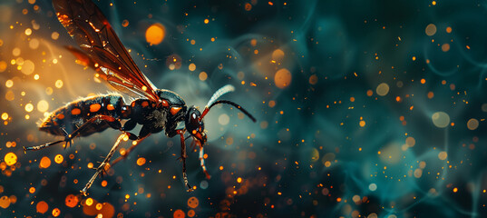 The captivating scene of a wasp flying, surrounded by a stunning sparkling bokeh effect creating a whimsical backdrop - obrazy, fototapety, plakaty