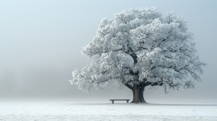 Fototapeta premium A large tree stands in the center of a snow-covered field, surrounded by misty clouds in the distance