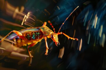 This vivid image showcases a shiny, colorful beetle set against an abstract, motion-blur background, igniting the imagination