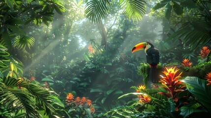 Naklejka premium Vivid amazon rainforest canopy with toucan in high res capturing vibrant foliage