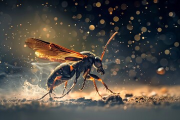 An intense macro photograph captures a insect with glistening water droplets in a dramatic lighting setup with a dark background