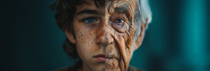 Striking image showing half a young boy's face and half an elderly man's face, showing age progression with copy space