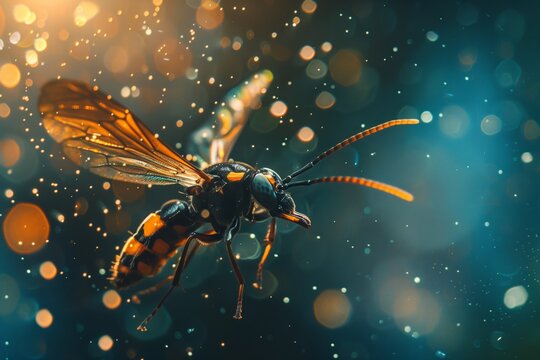 This stunning close-up captures a wasp in mid-flight with striking detail, set against a beautiful blue bokeh background accentuating its features