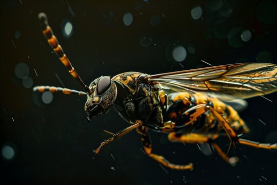A compelling image of a wasp immersed in a dark, rain-mimicking scene, highlighting its textures and form