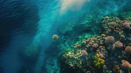 Fototapeta na wymiar Aerial view of a vibrant coral reef and marine life in turquoise waters for World Oceans Day
