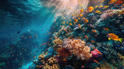 Fototapeta na wymiar Sun-kissed, diverse coral reef with marine life, captured for World Oceans Day