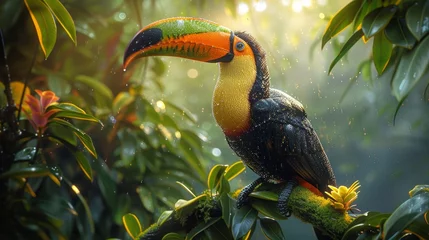 Tableaux ronds sur aluminium Toucan Vivid amazon rainforest with toucan in high res wide angle shot of lush foliage and vibrant wildlife