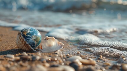 Up-close view of fragile seashell on shoreline at high tide, Earth globe symbolizes ocean ecosystem fragility, honoring World Oceans Day