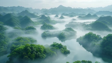   Aerial shot of lake nestled amidst forests and distant mountains shrouded in mist - obrazy, fototapety, plakaty