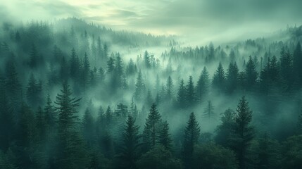   A forest filled with trees covered in fog and smog - obrazy, fototapety, plakaty