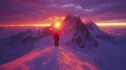 Tuinposter   A man stands atop a snow-covered peak as the sun descends behind him, casting a warm glow over the snowy landscape © Olga