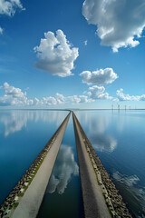 The Majestic Panorama of the IJsselmeer Dam under a Vast Blue Sky - obrazy, fototapety, plakaty