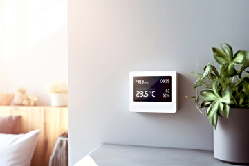 Smart air quality monitor displaying temperature, humidity, and CO2 levels beside a houseplant. Advanced home automation for improved everyday comfort and lifestyle