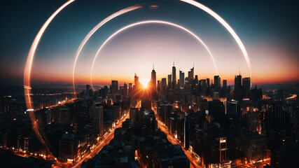 Formulate a circle abstract background that reflects the energy and movement of a bustling cityscape - obrazy, fototapety, plakaty