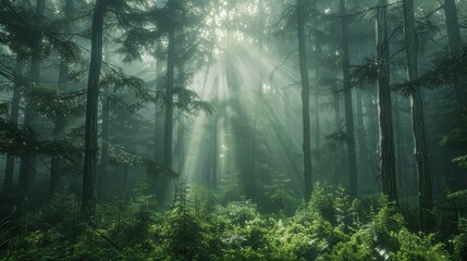 Mysterious ancient forest in hyperrealistic hdr with towering trees and sunbeams