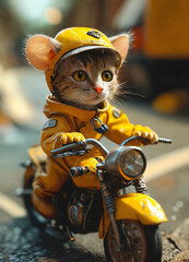 Tiny Mouse, Mini Kitten: Takeaway Cat Riding Motorcycle, Yellow Costume, Beautiful Eyes, Anthro, Realistic, Masterpiece Composition