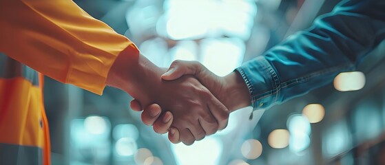 Solidifying a partnership: Two construction workers shaking hands in an office to signify agreement on a new project. Concept Partnership Agreement, Construction Project, Business Deal - obrazy, fototapety, plakaty