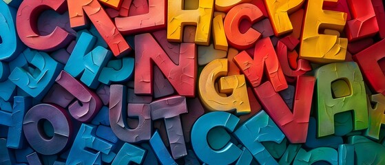 Colorful letters and characters on a background representing the concept of writing and words. Concept Lettering, Calligraphy, Typography, Words, Writing