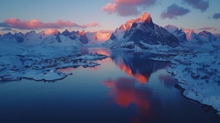 Fototapeta na wymiar A lake encircled by snowy mntns beneath a azure sky, w/ a rosy sunset at its heart