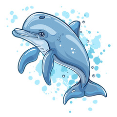 Obraz premium Cartoon dolphin on a white background with water splashes. Vector illustration