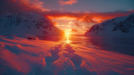   Sunset over mountain range with snow on ground and path leading to water in foreground - obrazy, fototapety, plakaty